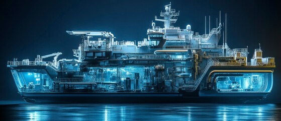 Obraz premium Cross-section ship showcases illuminated interior through detailed maritime technology, revealing innovative engineering design.