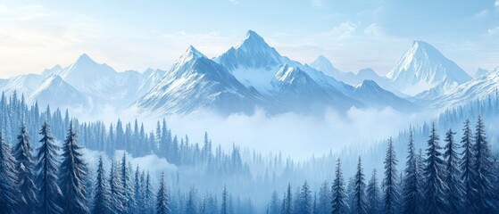 Obraz premium Snowy mountains rise majestically over evergreen forests veiled in fog, creating serene winter vista.