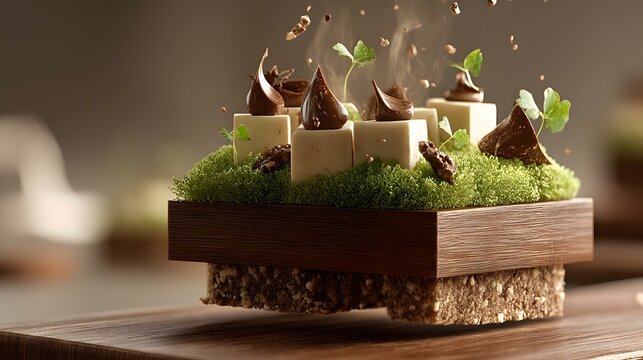 board floating above a grid of pixelated herbs and fruits