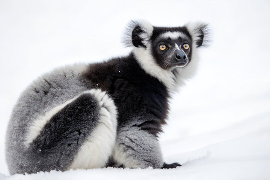 A cute ring-tailed lemur (Lemur catta), a wild mammal with black and white rings on its tail, stares with its big eyes in this portrait