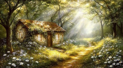 Enchanting forest cabin amidst sunlit foliage a serene countryside retreat idyllic woodland cottage scene capturing tranquility and natural beauty