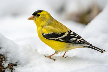 Fototapeta premium A small, colorful finch, perhaps a goldfinch with yellow feathers, perches on a snow-covered branch in winter nature