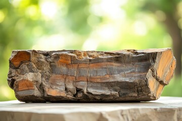 A banded rock specimen rests on a light surface, with a blurred green background creating a natural setting.