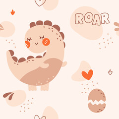 Baby seamless pattern drawn in neutral pastel bohemian colors featuring dinosaur, hearts, monster eggs and color spots.