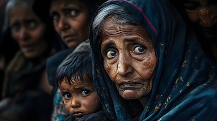Fototapeta premium Close-up view of worried faces of people in a crowd.