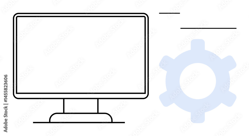 Poster desktop monitor outline with gear symbolizing technology integration, system optimization, and custo