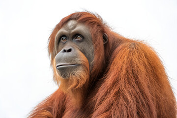 Obraz premium A hairy, young orangutan baby, an endangered mammal native to the Borneo and Sumatra jungles of Indonesia, shows its close-up face in a wild, natural portrait