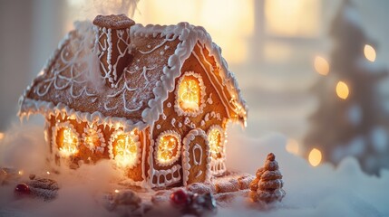Fototapeta premium A warm, decorated gingerbread house with festive lights.