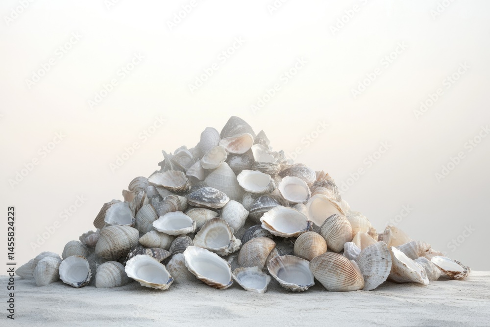 Poster pile of seashells sitting on a sandy surface with a soft, diffused light in a calm and serene atmosp