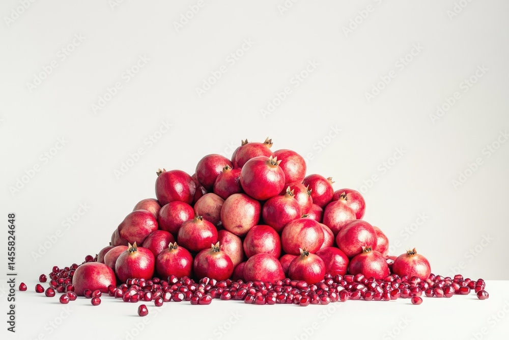 Poster a heap of vibrant red pomegranates, both whole and seeded, creating a beautiful and nutritious displ