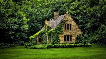 Obraz premium Enchanting ivy covered cottage retreat nestled amidst verdant forest lush greenery fairytale architecture rustic idyllic