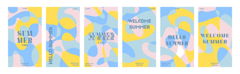 Naklejka premium Summer bright illustrations set for poster, card, cover, label, banner in modern minimalist style with overlay effect. Modern and simple summer design templates. Vector stock graphic
