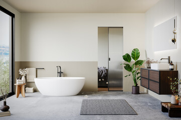 Modern minimalist bathroom interior, pastel decor concept, modern wooden bathroom furniture with interior plants. 3d rendering