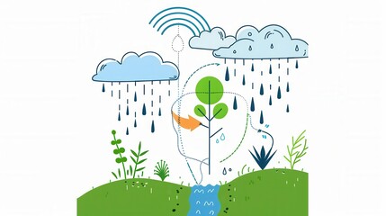 Illustration of Nature Harmony with Tree, Rain, and Water Elements