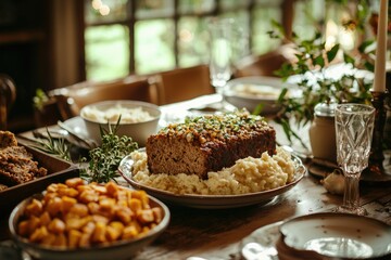 A beautifully arranged table with meatloaf, mashed potatoes, roasted vegetables, and elegant glassware ready for a festive meal.