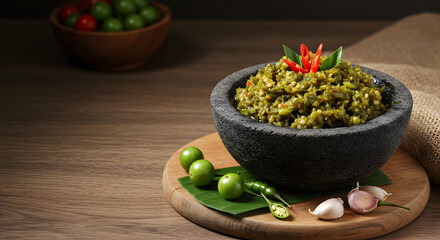 Sambal Ijo or Indonesian spicy green chili sauce made with onion, green chilies, garlic, and salt.