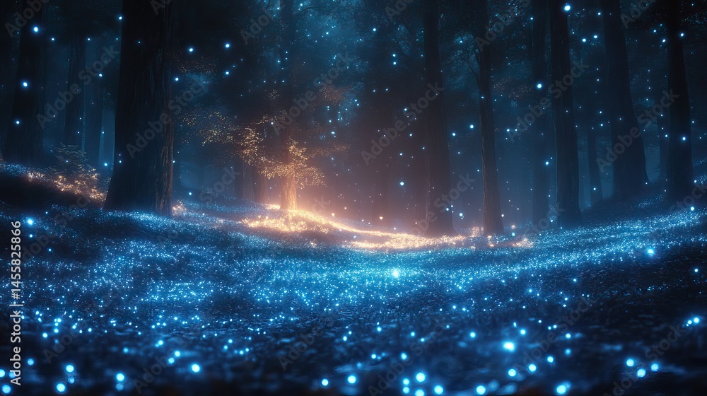 Wall mural a hidden grove of bioluminescent trees illuminating the forest floor with an ethereal and magical gl