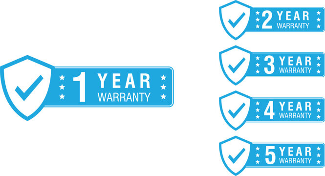 blue shield icons showing 1 to 5 year warranty labels, protection badge for product safety	