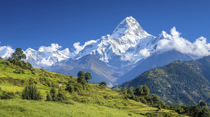 Obraz premium Majestic mountain landscape with snow capped peaks and lush greenery