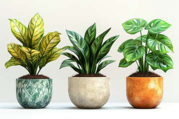 Obraz premium Three Indoor Plants Growing in Soil on White Background