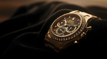 Luxury Gold Watch with Diamonds on Dark Background