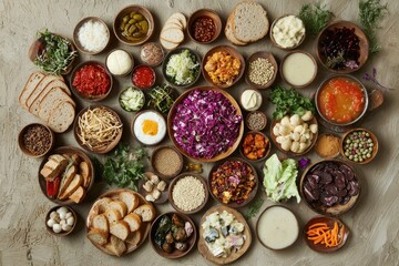 Obraz premium A diverse array of colorful ingredients, including various vegetables, grains, and breads, arranged in rustic bowls on a stone surface.