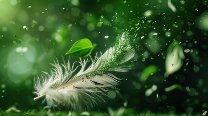 Delicate Feather Surrounded by Green Leaves and Nature Elements