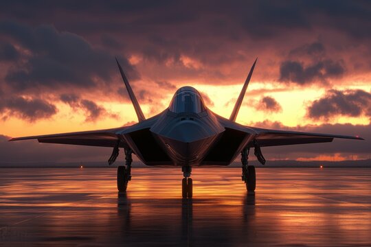 Sleek fighter jet sits on a runway bathed in the warm glow of a dramatic sunset, ready for take-off.