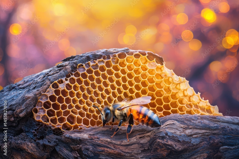 Poster a bee meticulously inspects a section of honeycomb attached to a weathered, textured branch in a bok