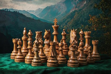 Elegant wooden chess pieces staged against a stunning mountain backdrop evoke a strategic game nature.