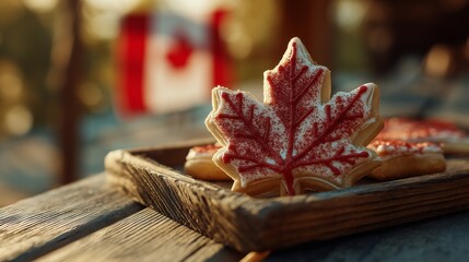 Maple leaf cookie with red and white icing on wooden tray, celebrating Canada Day spirit
