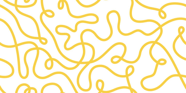 Pasta seamless pattern. Italian spaghetti background. Yellow japan ramen design. Chinese noodle texture. Doodle wavy line pattern. Hand drawn food bg. Vector illustration isolated on white background.