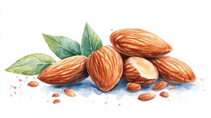 Watercolor illustration of almonds with leaves.