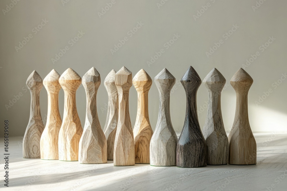 Poster a collection of handcrafted wooden objects with pointed tops, showing different wood tones and textu