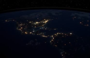 Obraz premium Night View of Earth from Space, North and South America Illuminated