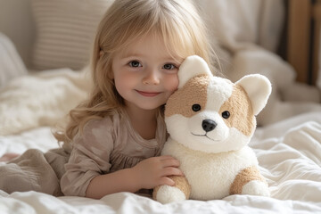 Tender Childhood Moment with Plush Corgi and Bright Light