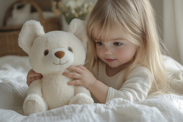 Tender Childhood Moment with Plush Corgi and Bright Light