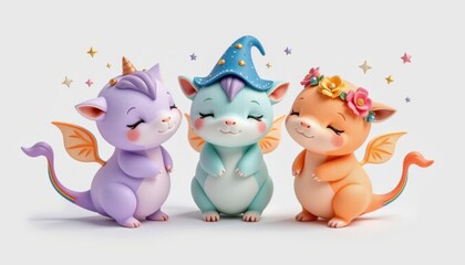 Fototapeta premium Three tiny fantasy creatures with magical tails and sparkling accessories gathered in a group, floating slightly with magic dust around them
