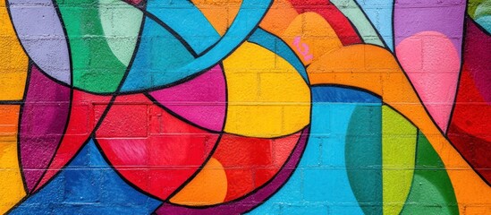 Fototapeta premium A vibrant mural of colorful abstract shapes on a brick wall.
