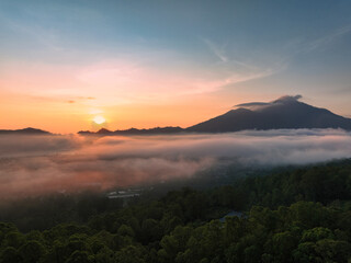 Beautiful sunrise over Mount Batur in Bali, Indonesia, taken in March 2025 with a drone