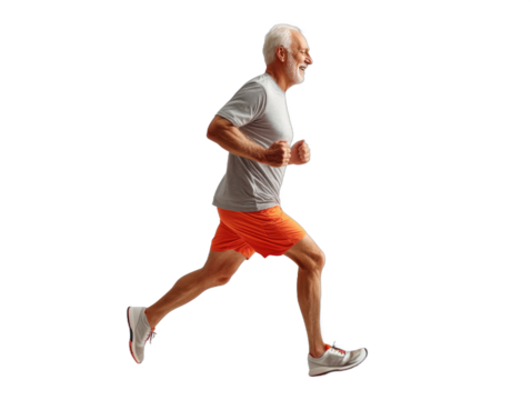 Happy elderly man jogging, cut out