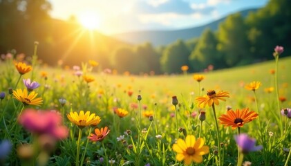 Sun-drenched meadow, wildflowers bloom vibrantly , sun, flowers