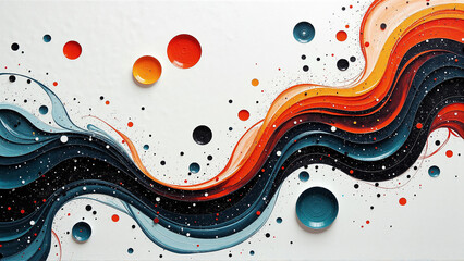 Abstract artwork with flowing waves of color and playful dots scattered across a white background, offering a visually striking composition.