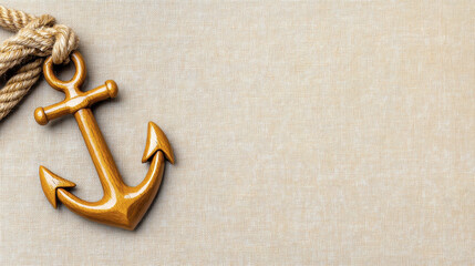Wooden anchor with rope on textured background, symbolizing stability and maritime themes