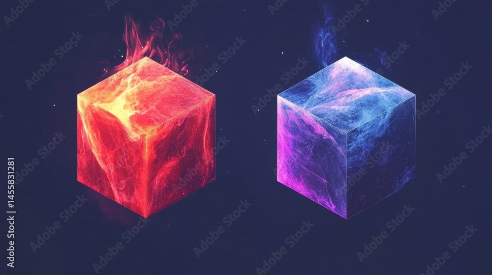 Poster a 3d rendering of a cube with a fiery interior and a cosmic background.