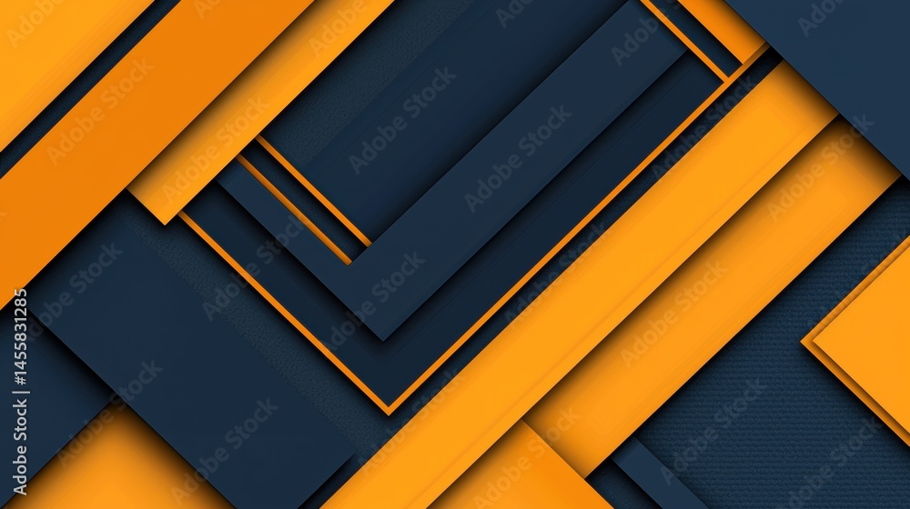 Poster a geometric pattern of overlapping orange and dark blue rectangles and triangles.