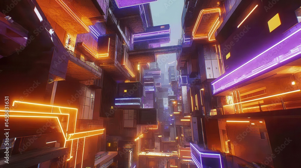 Poster futuristic cityscape with vibrant neon lights showcasing a complex technological architecture and dy