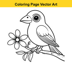 Obraz premium Cute Cartoon Bird on Branch with Flower Coloring Page