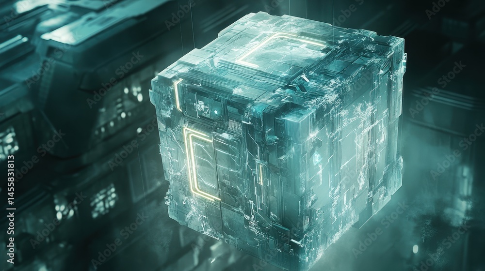 Poster futuristic icy cube with digital network concept for innovative technology and advanced computing in