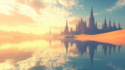 Serene Sunset Over Majestic Castle Reflected in Calm Waters